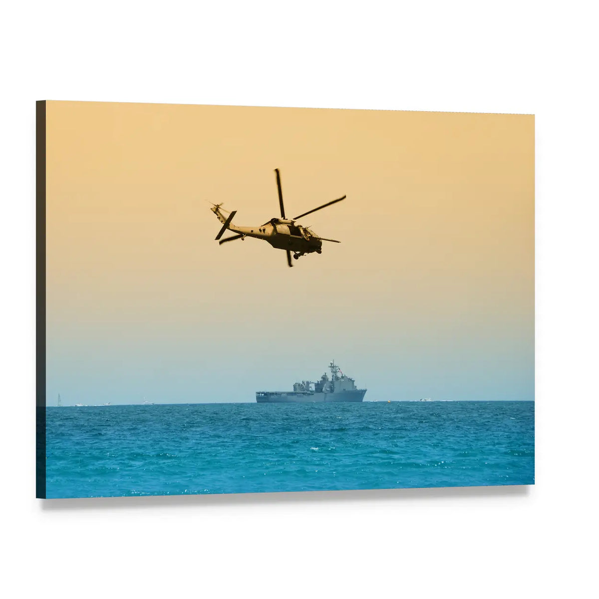 Black Hawk Helicopter on Patrol Canvas Wall Art, single panel gallery wrapped canvas, angled product view