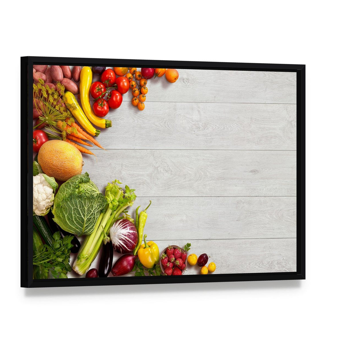 Colorful Fruits and Fresh Vegetables Canvas Wall Art, framed canvas in a black floater frame, angled product view