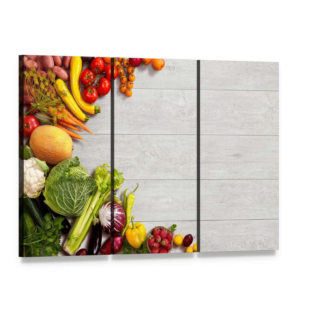 Colorful Fruits and Fresh Vegetables Canvas Wall Art, 3 panel 3 Horizontal layout gallery wrapped canvas set, angled product view