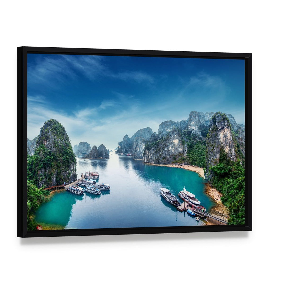 Ha Long Bay, Vietnam Seascape Canvas Wall Art, framed canvas in a black floater frame, angled product view