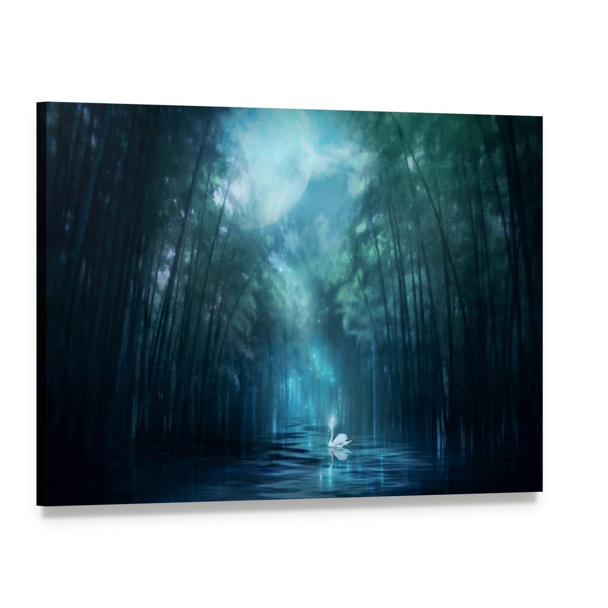 Glowing Swan on Moonlit Lake Canvas Wall Art, single panel gallery wrapped canvas, angled product view