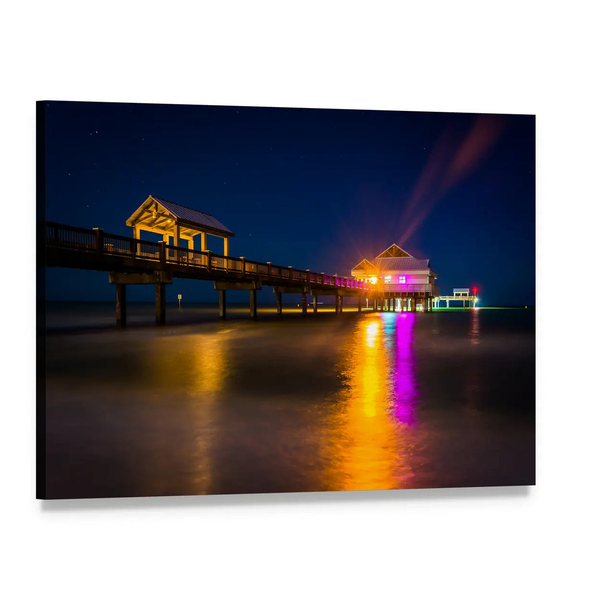 Fishing Pier at Night Canvas Wall Art, single panel gallery wrapped canvas, angled product view