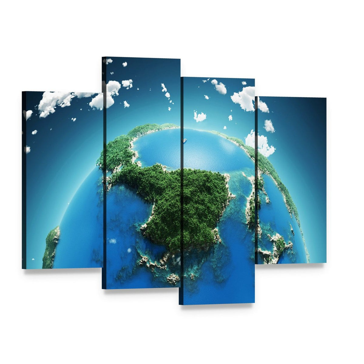 Green & Blue Planet Earth Canvas Wall Art, 4 panel 4 Pop layout gallery wrapped canvas set, angled product view