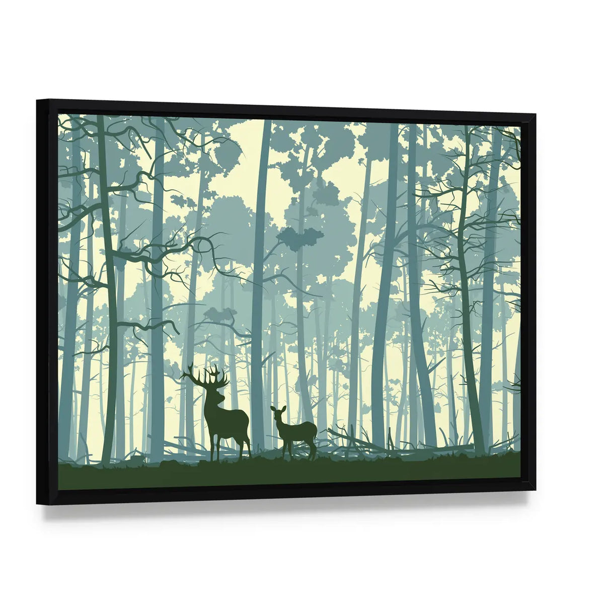Wild Deer in Forest Canvas Wall Art, framed canvas in a black floater frame, angled product view