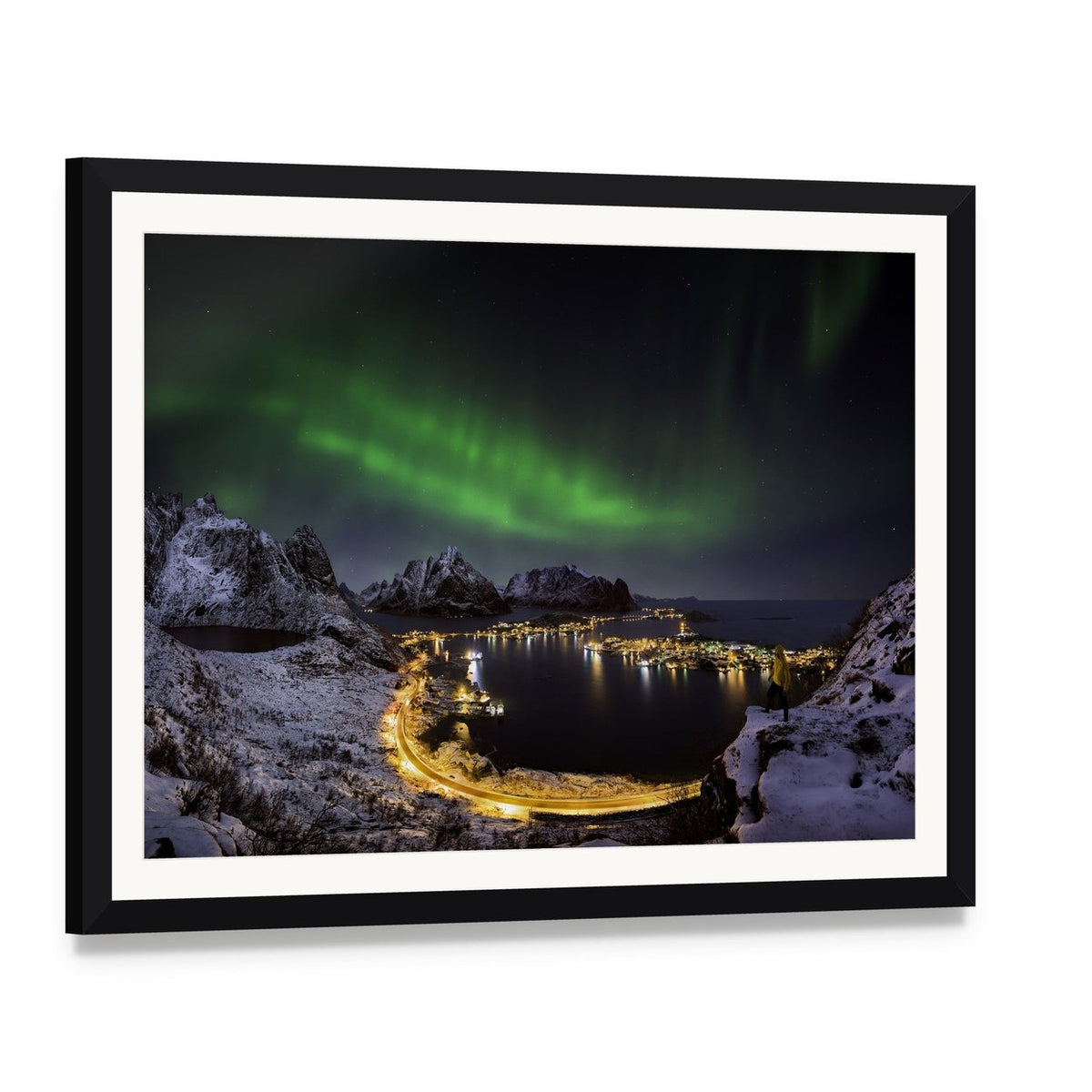 Northern Lights Over Reine Canvas Wall Art, framed print with white mat and black frame, angled product view