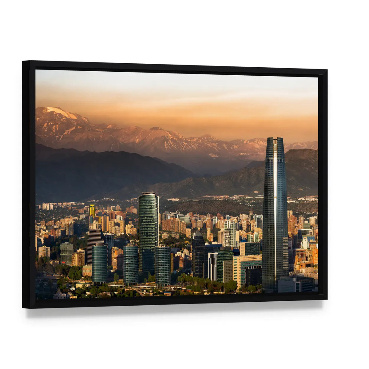 Santiago Skyline at Golden Hour Canvas Wall Art, framed canvas in a black floater frame, angled product view