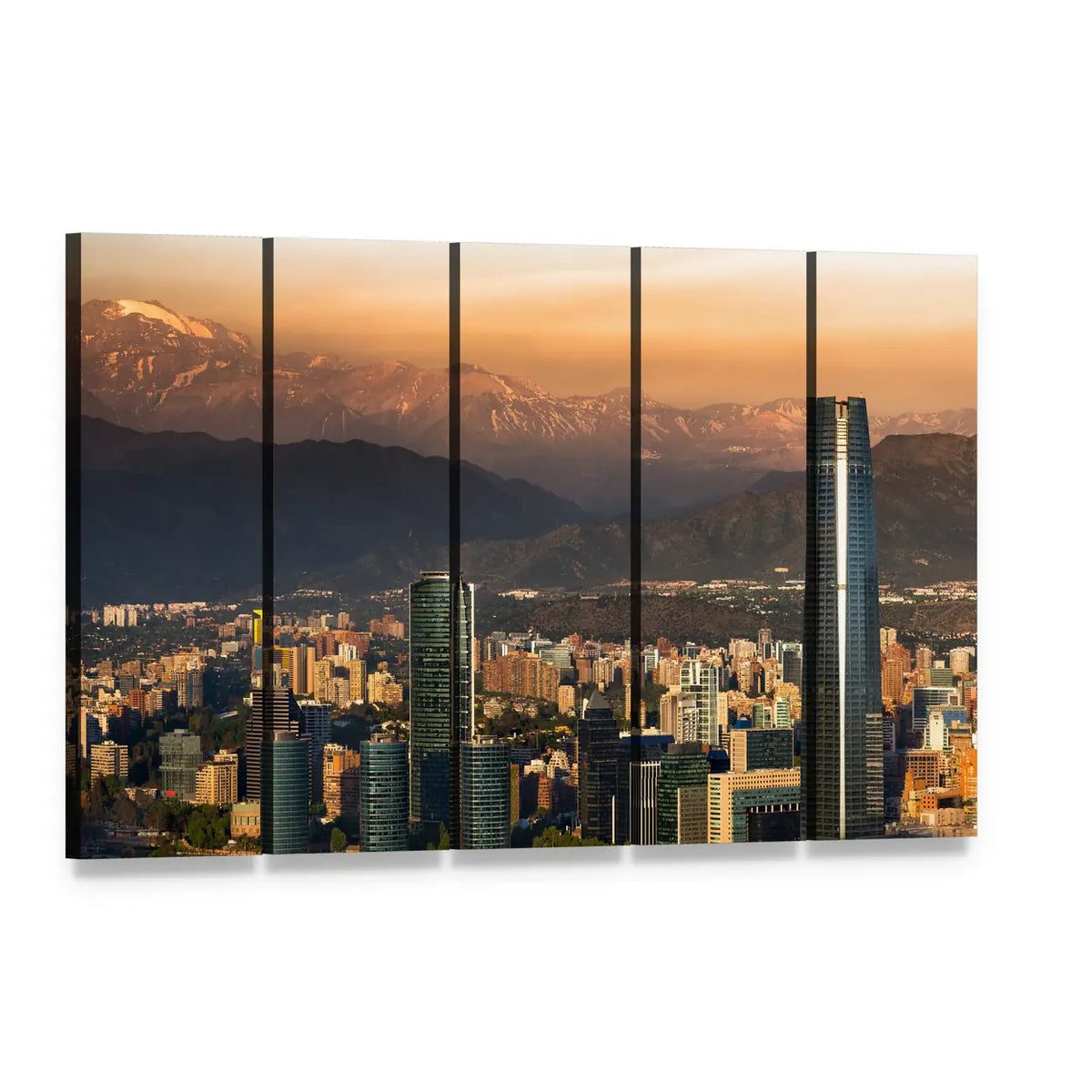 Santiago Skyline at Golden Hour Canvas Wall Art, 5 panel 5 Horizontal layout gallery wrapped canvas set, angled product view