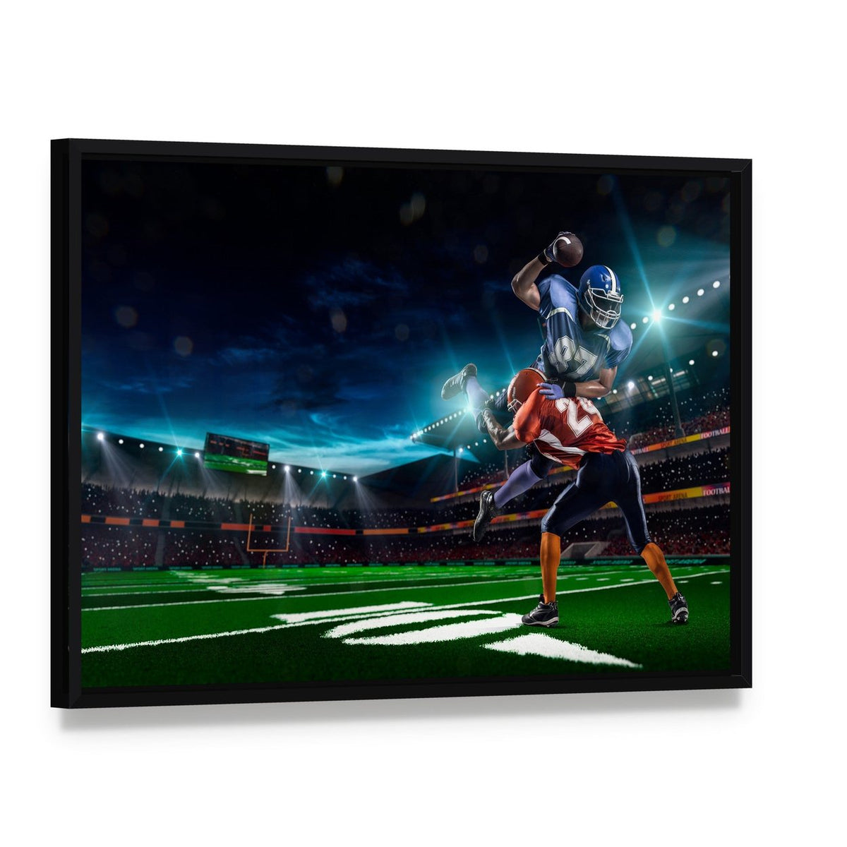 American Football Player in Action Canvas Wall Art, framed canvas in a black floater frame, angled product view
