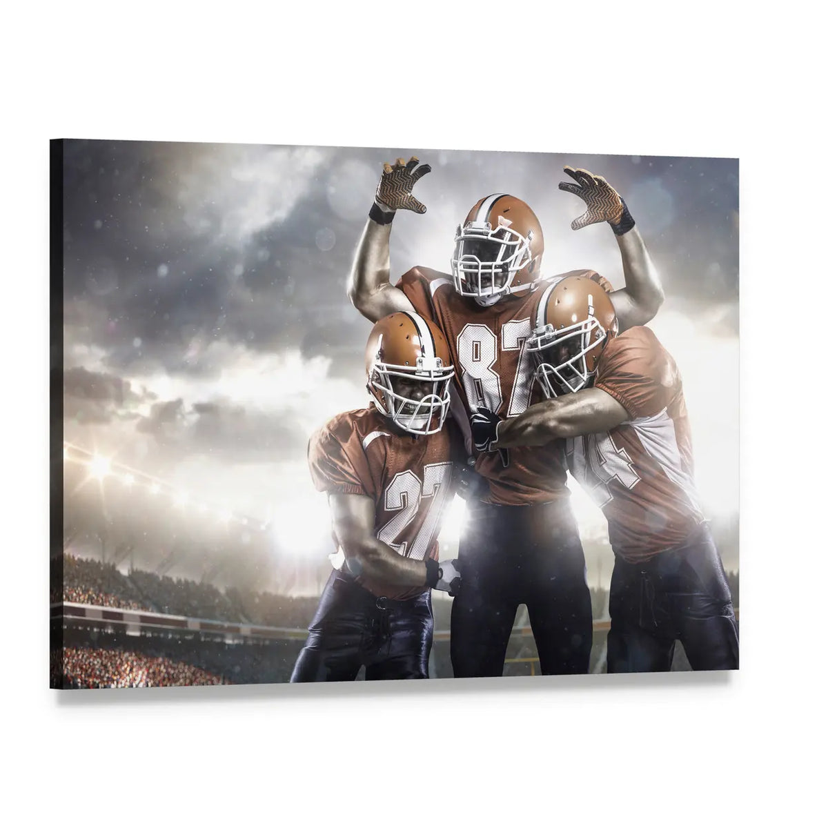 Trio of Football Players Under Stadium Lights Canvas Wall Art, single panel gallery wrapped canvas, angled product view