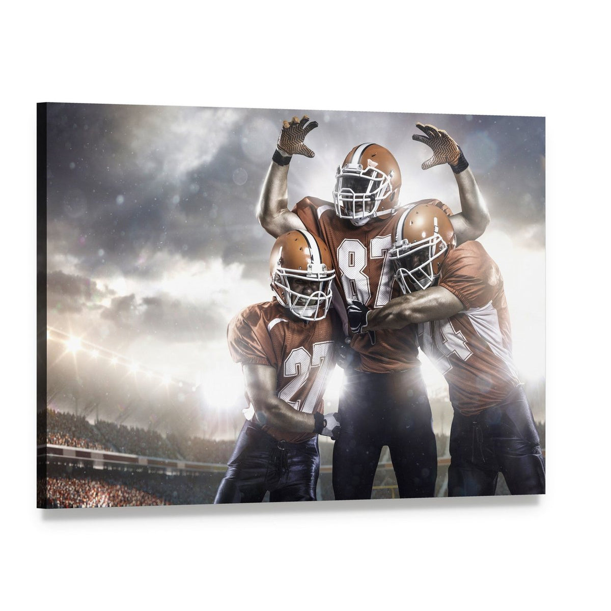 Three American Football Players Canvas Wall Art, single panel gallery wrapped canvas, angled product view