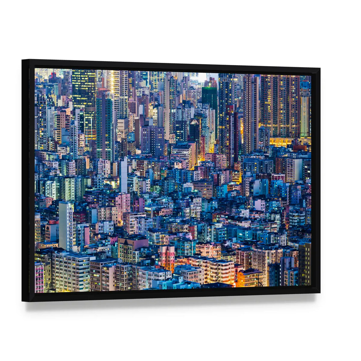 Hong Kong At Night Canvas Wall Art, framed canvas in a black floater frame, angled product view