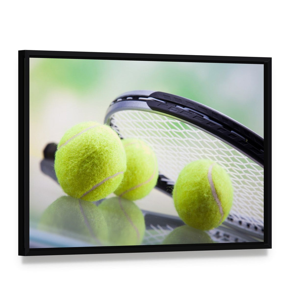 Tennis Racket and Ball Canvas Wall Art, framed canvas in a black floater frame, angled product view