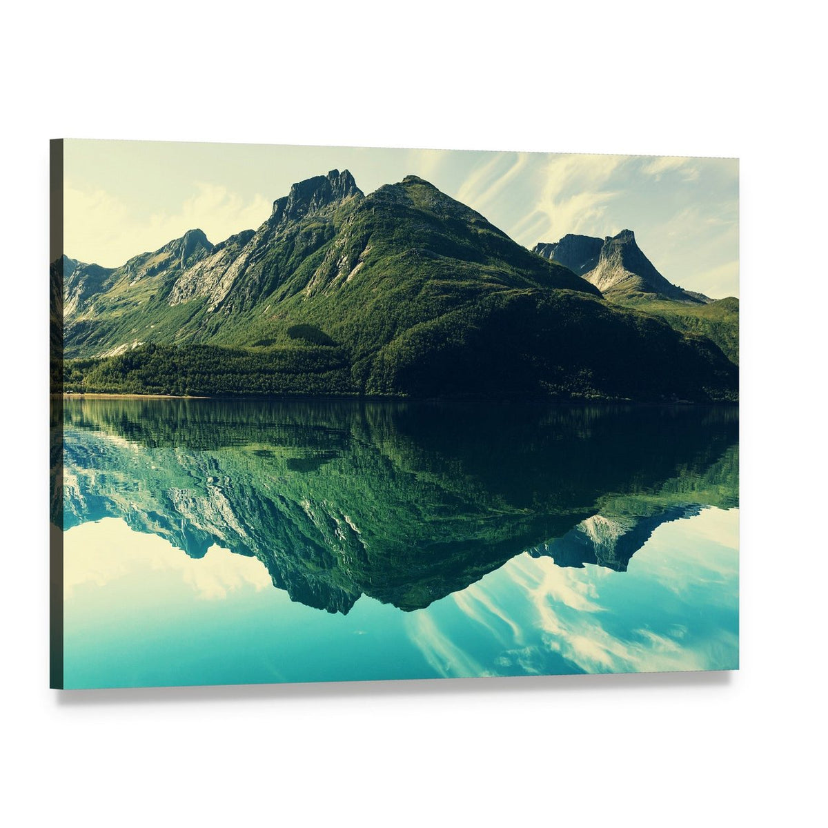 Mountain Lake Reflection Canvas Wall Art, single panel gallery wrapped canvas, angled product view