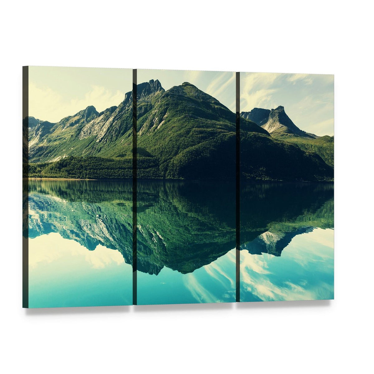 Mountain Lake Reflection Canvas Wall Art, 3 panel 3 Horizontal layout gallery wrapped canvas set, angled product view
