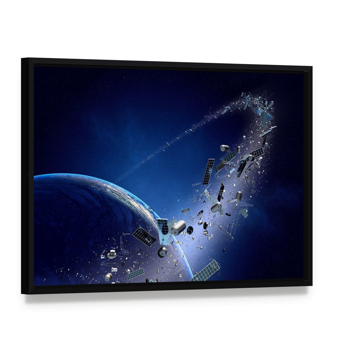Space Junk Orbiting Around Earth Canvas Wall Art, framed canvas in a black floater frame, angled product view