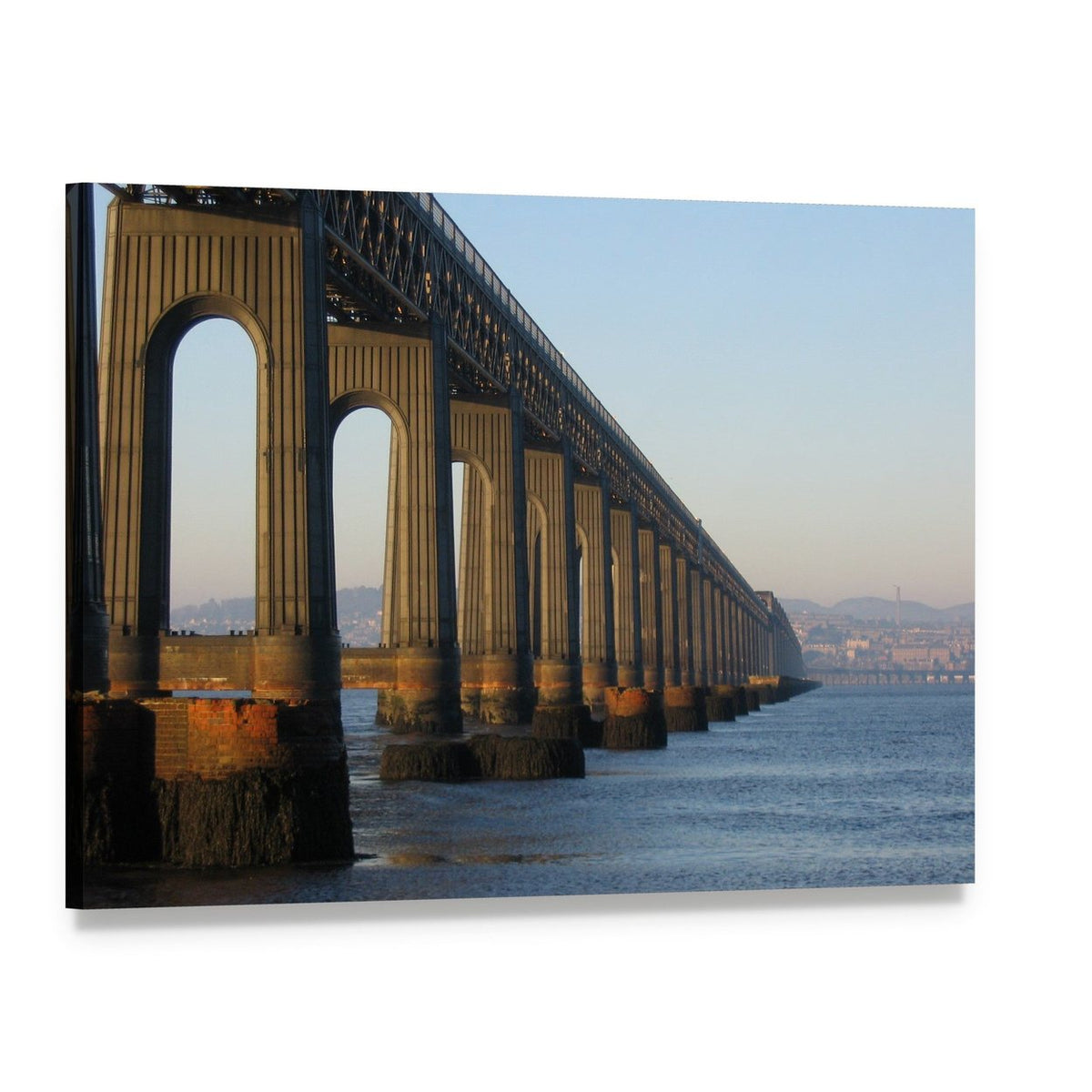 Railway Bridge with Arched Piers and Calm Water Canvas Wall Art, single panel gallery wrapped canvas, angled product view
