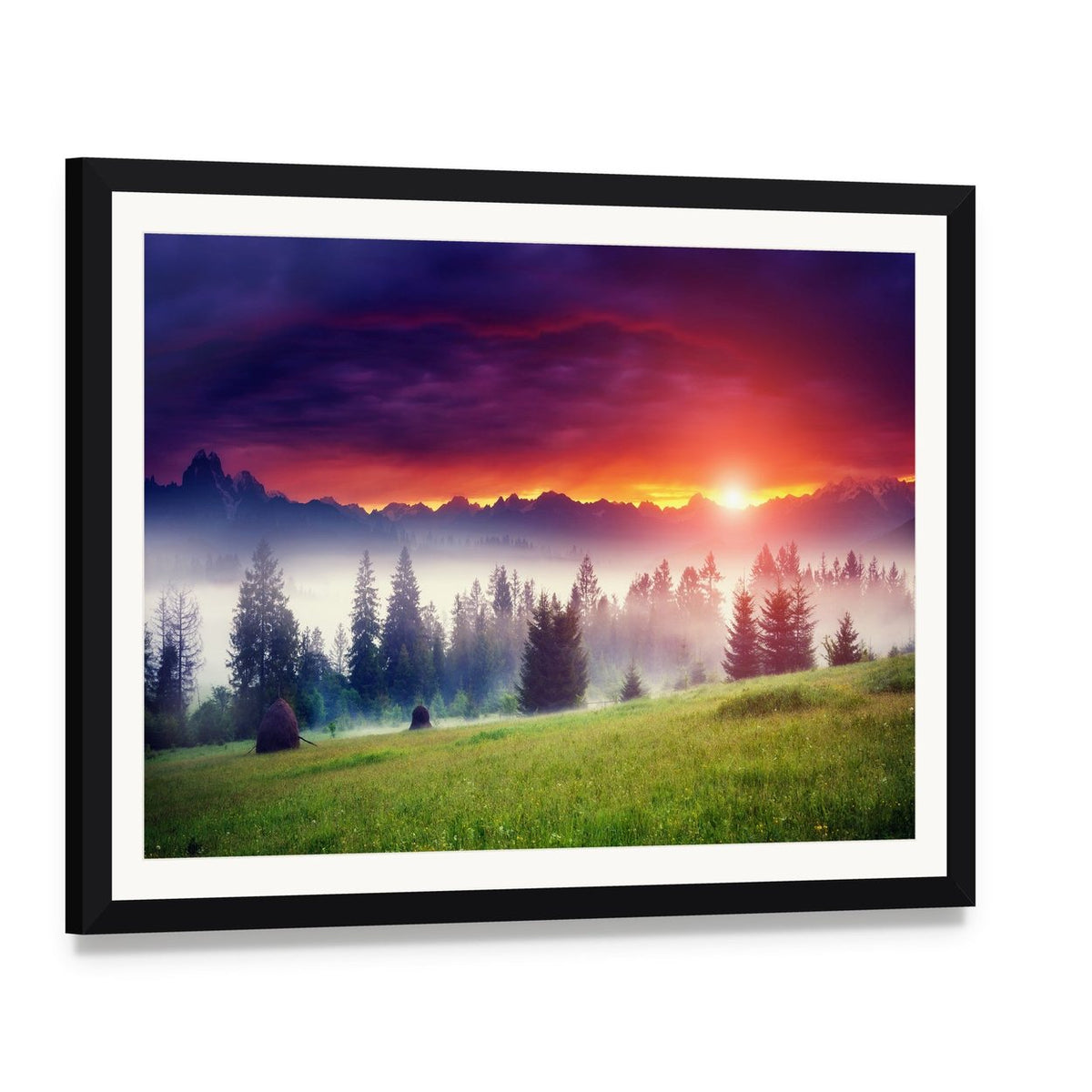 Sunset Over Hilly Mountains Canvas Wall Art, framed print with white mat and black frame, angled product view