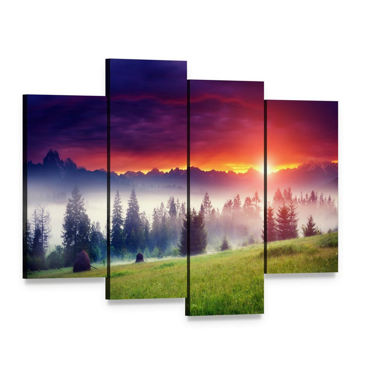 Sunset Over Hilly Mountains Canvas Wall Art, 4 panel 4 Pop layout gallery wrapped canvas set, angled product view