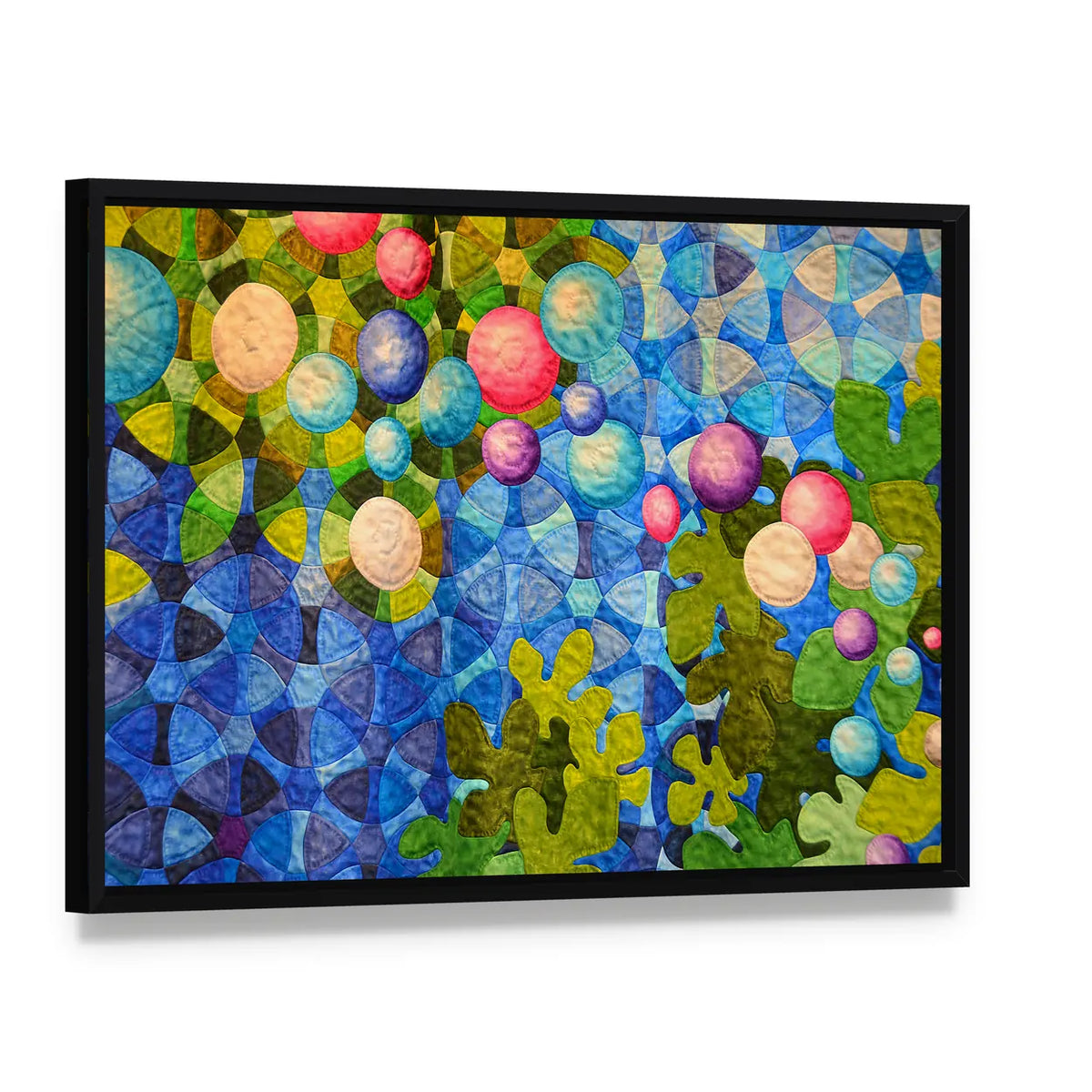 Contemporary Patchwork Quilt Canvas Wall Art, framed canvas in a black floater frame, angled product view