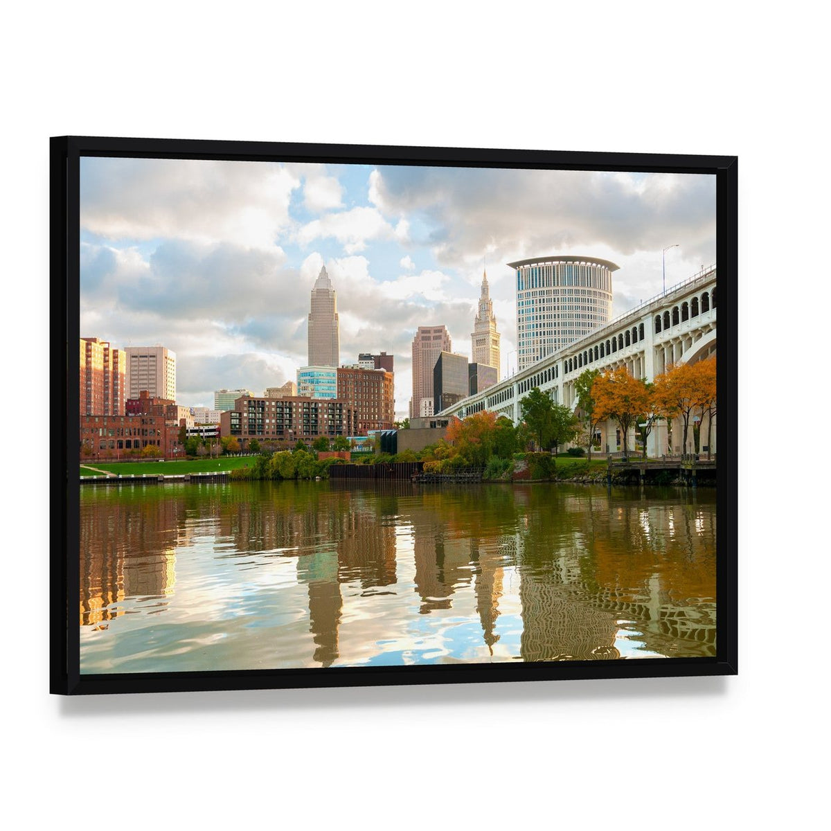 Downtown Cleveland Skyline with River Reflections Canvas Wall Art, framed canvas in a black floater frame, angled product view