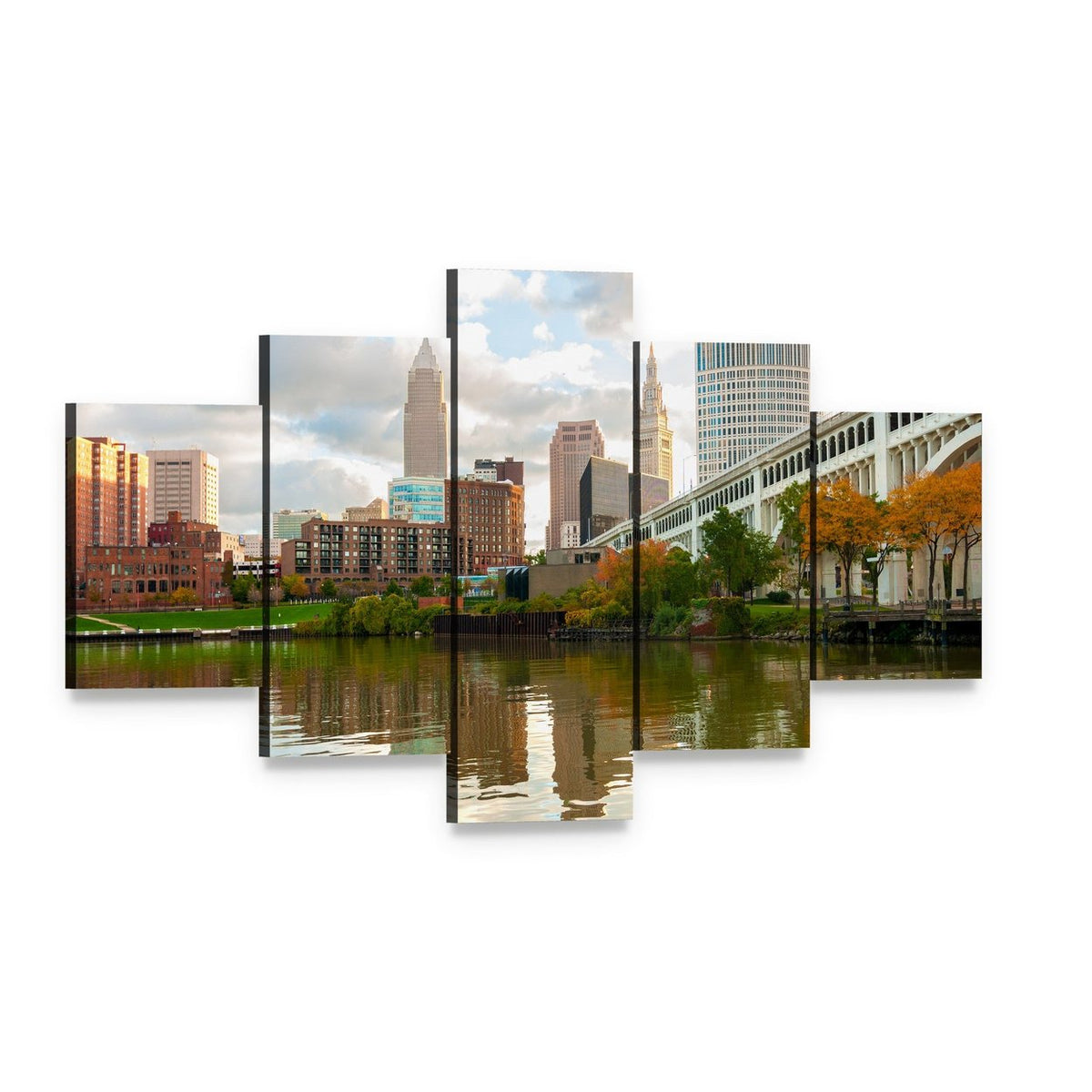 Downtown Cleveland Skyline with River Reflections Canvas Wall Art, 5 panel 5 Star layout gallery wrapped canvas set, angled product view