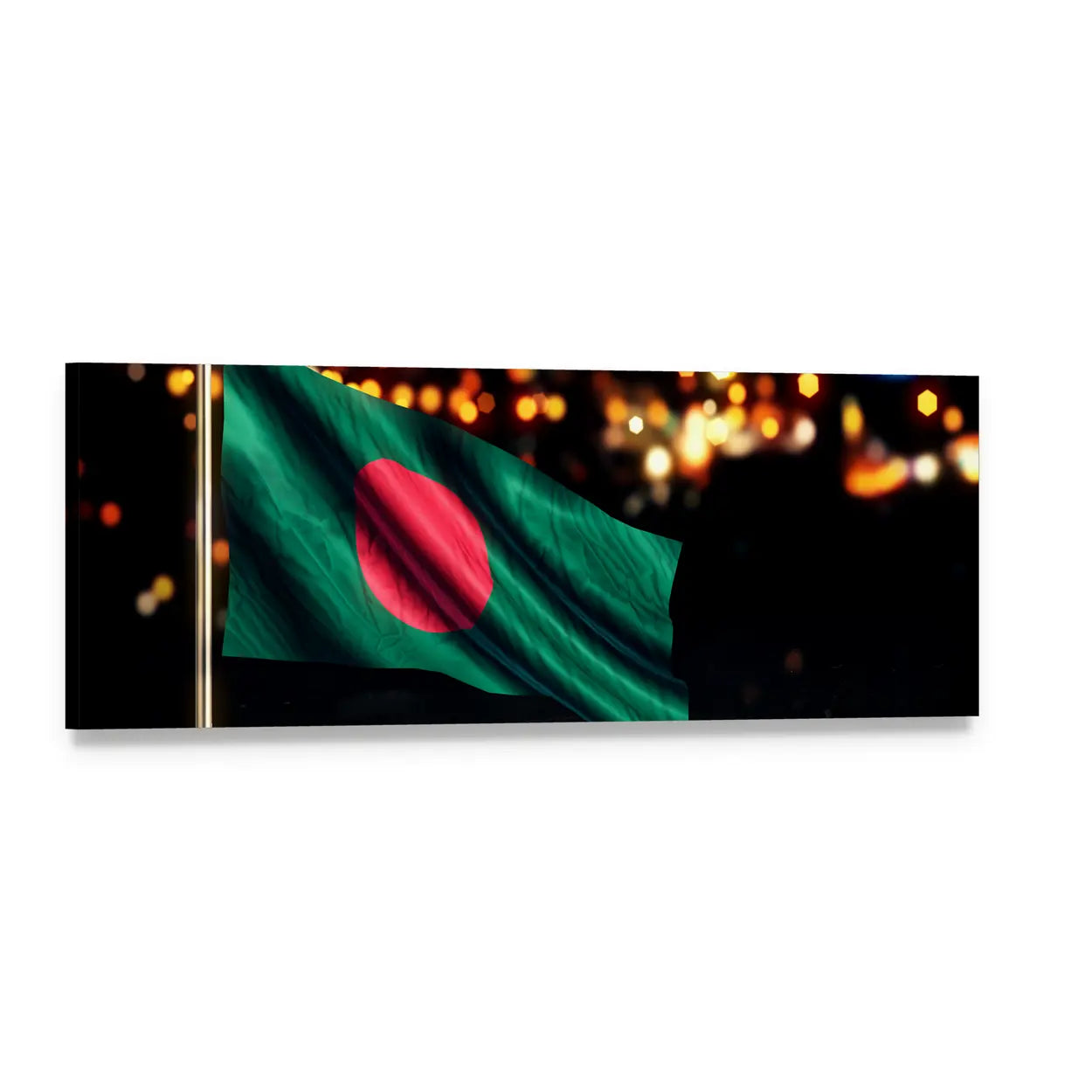 Bangladesh Flag with Golden Bokeh Panoramic Canvas Wall Art, single panel gallery wrapped canvas, angled product view