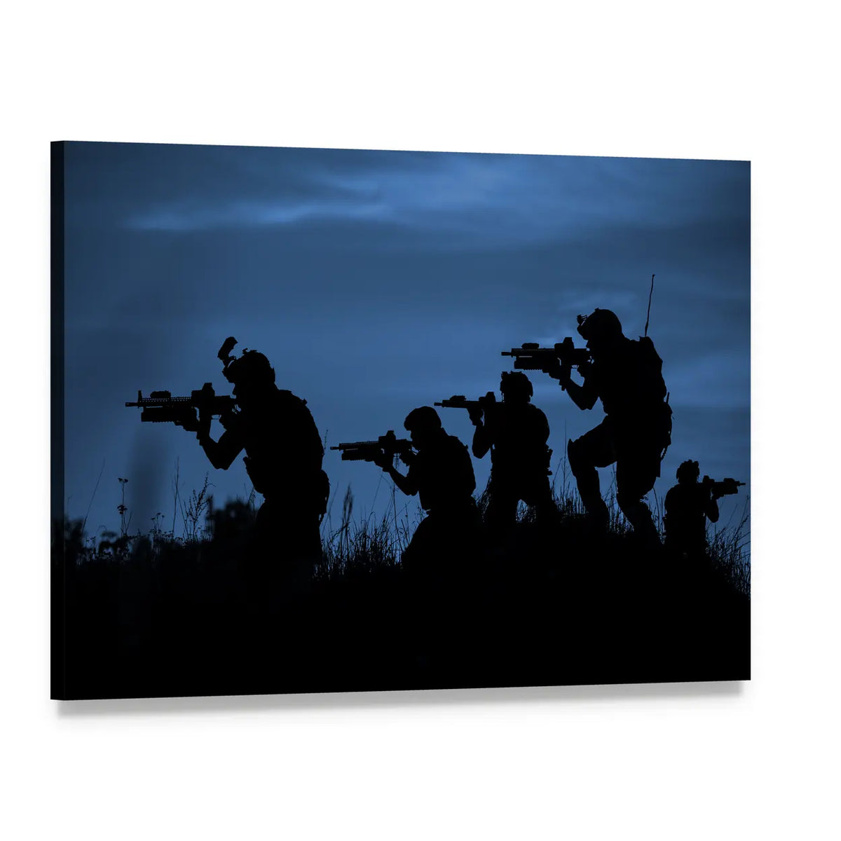 Soldiers with Rifles at Twilight Canvas Wall Art, single panel gallery wrapped canvas, angled product view