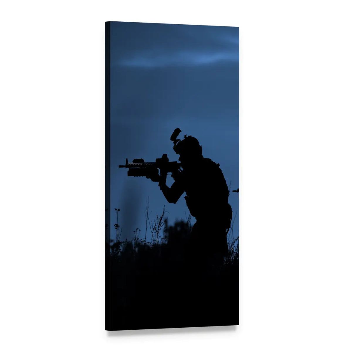 Soldier Silhouette with Rifle and Night Vision Vertical Canvas Wall Art, 1 panel 1 Vertical layout gallery wrapped canvas set, angled product view