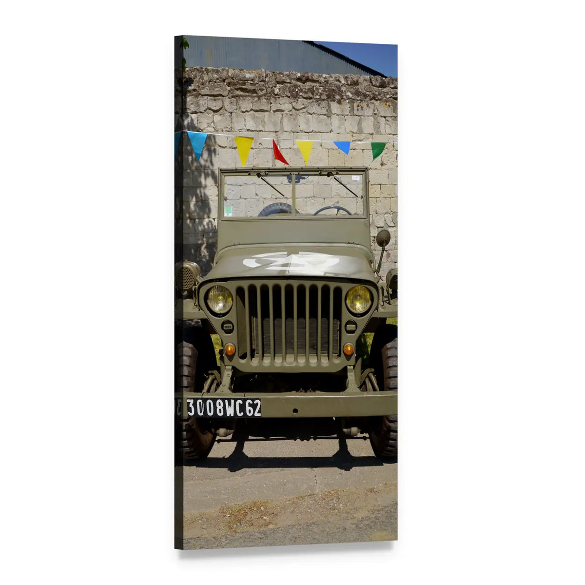 Retro Willys Military Jeep Vertical Canvas Wall Art, 1 panel 1 Vertical layout gallery wrapped canvas set, angled product view
