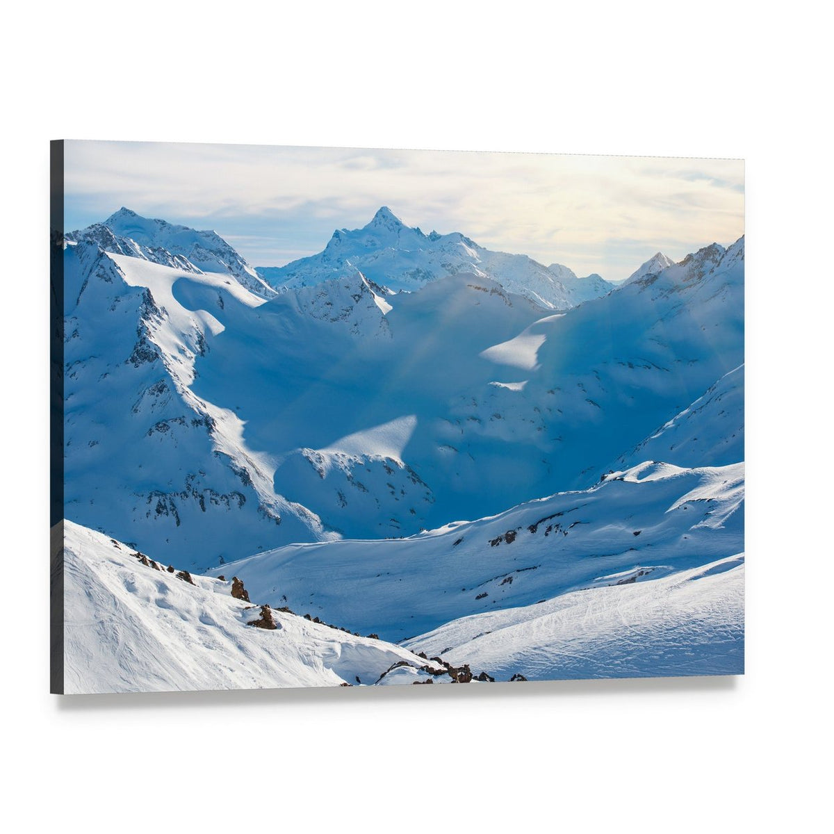Snowy Blue Mountains in Clouds Canvas Wall Art, single panel gallery wrapped canvas, angled product view