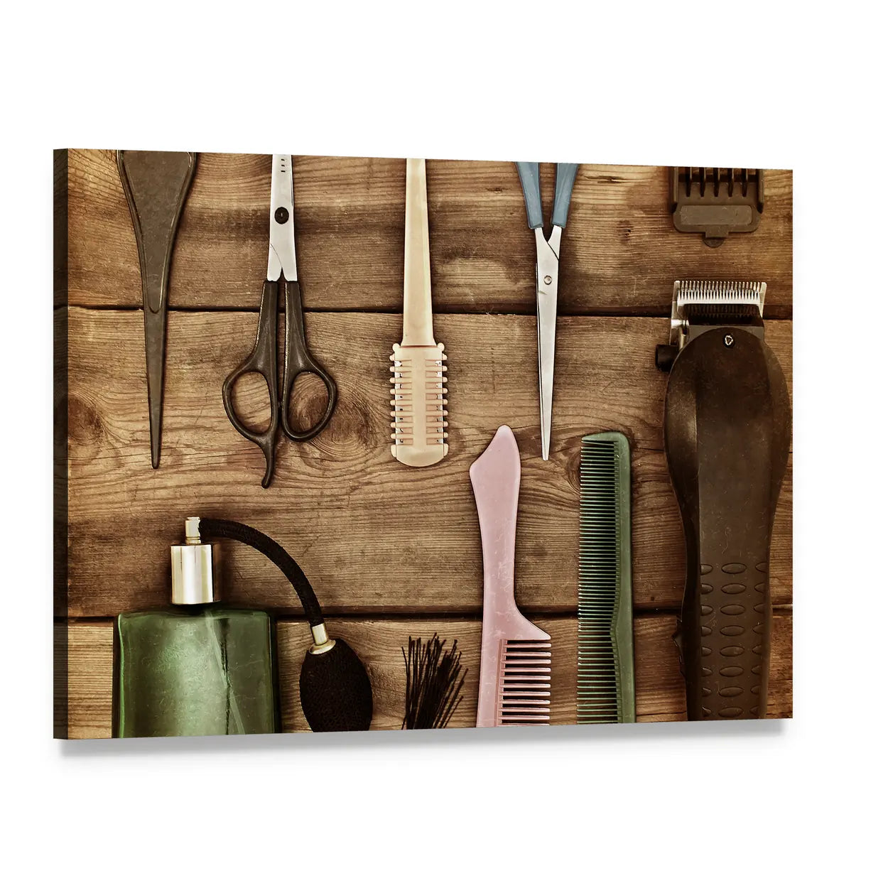 Vintage Hairdressing Tools on Wood Canvas Wall Art, single panel gallery wrapped canvas, angled product view
