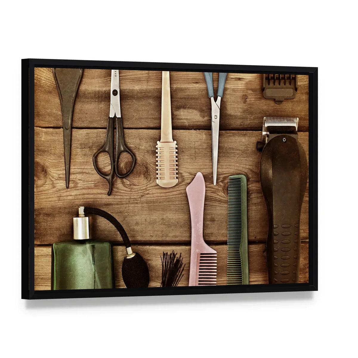 Vintage Hairdressing Tools on Wood Canvas Wall Art, framed canvas in a black floater frame, angled product view