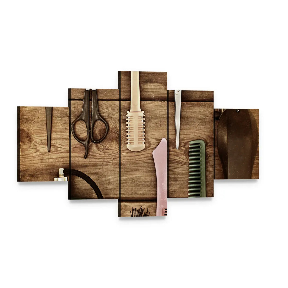 Vintage Hairdressing Tools on Wood Canvas Wall Art, 5 panel 5 Star layout gallery wrapped canvas set, angled product view
