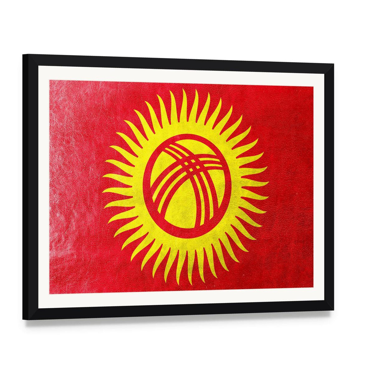 Kyrgyzstan Flag with Tunduk Sun Canvas Wall Art, framed print with white mat and black frame, angled product view