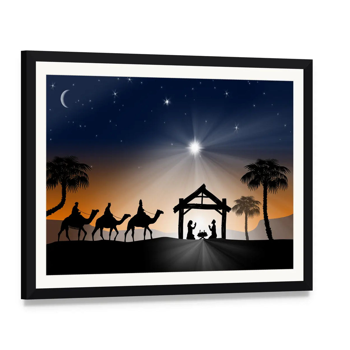 Christmas Nativity with Three Wise Men Canvas Wall Art, framed print with white mat and black frame, angled product view