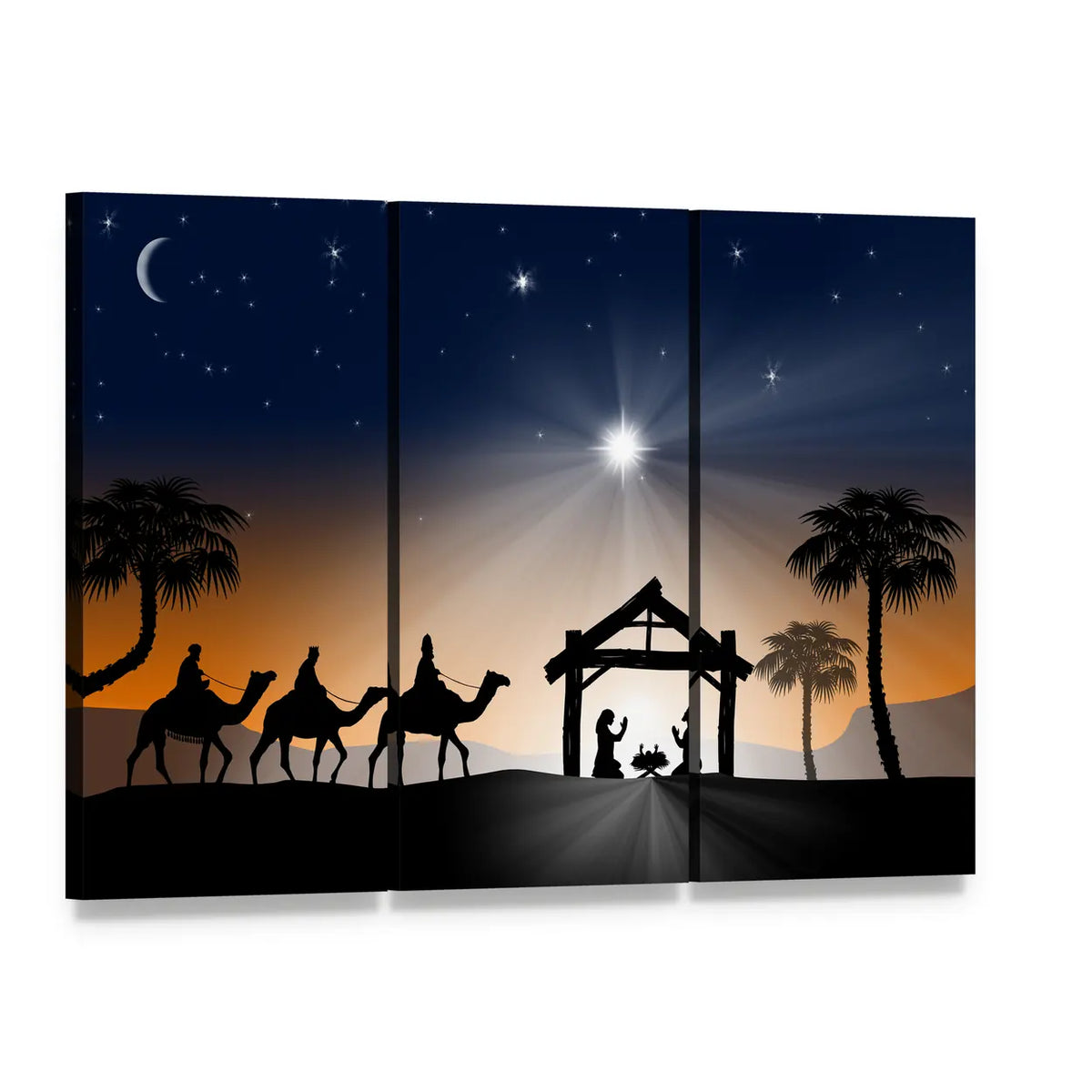 Christmas Nativity with Three Wise Men Canvas Wall Art, 3 panel 3 Horizontal layout gallery wrapped canvas set, angled product view
