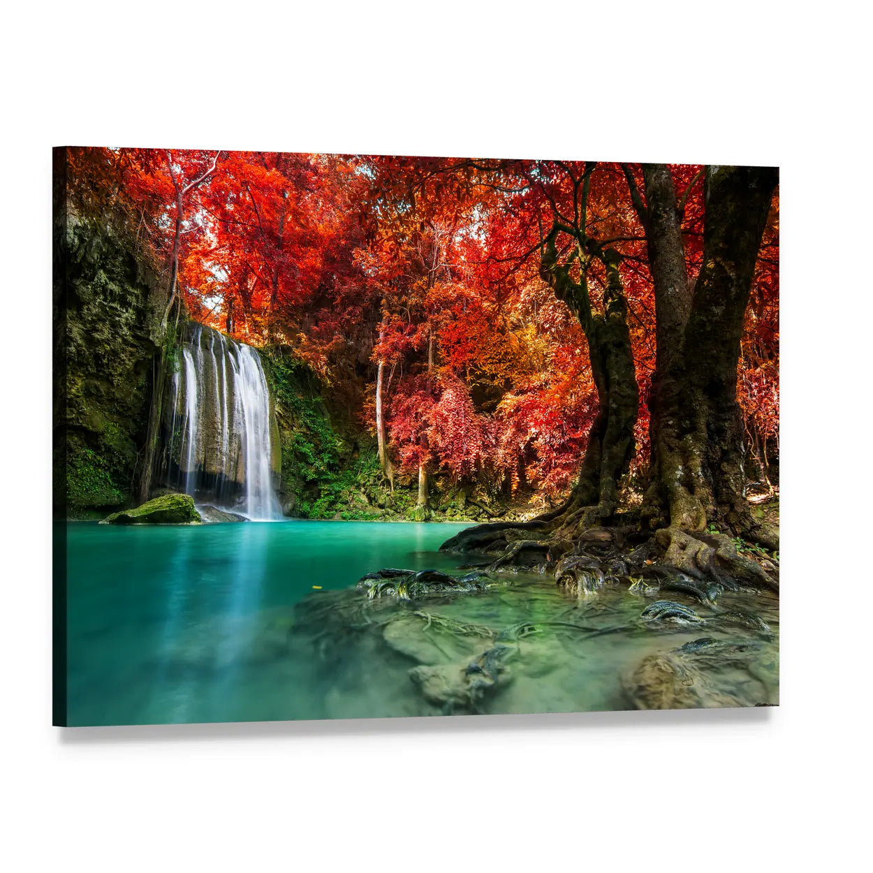 Erawan Autumn Waterfall with Turquoise Pool Canvas Wall Art, single panel gallery wrapped canvas, angled product view