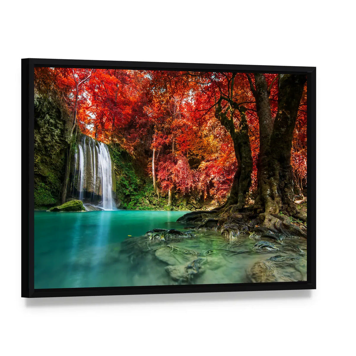 Erawan Autumn Waterfall with Turquoise Pool Canvas Wall Art, framed canvas in a black floater frame, angled product view