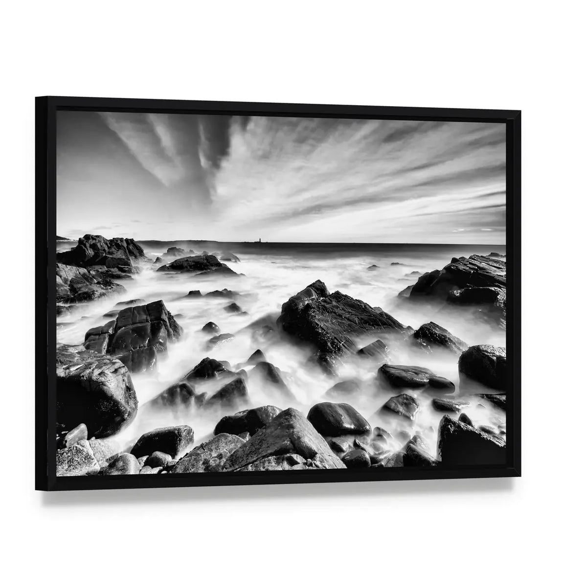 Portland Maine Rocky Coastline Canvas Wall Art, framed canvas in a black floater frame, angled product view