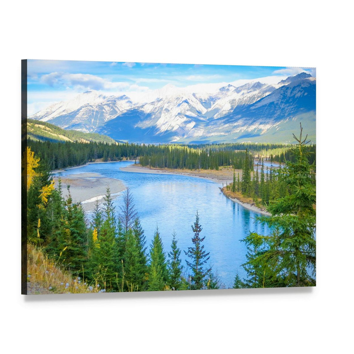 Lake Surrounded by Snow-capped Mountains Canvas Wall Art, single panel gallery wrapped canvas, angled product view