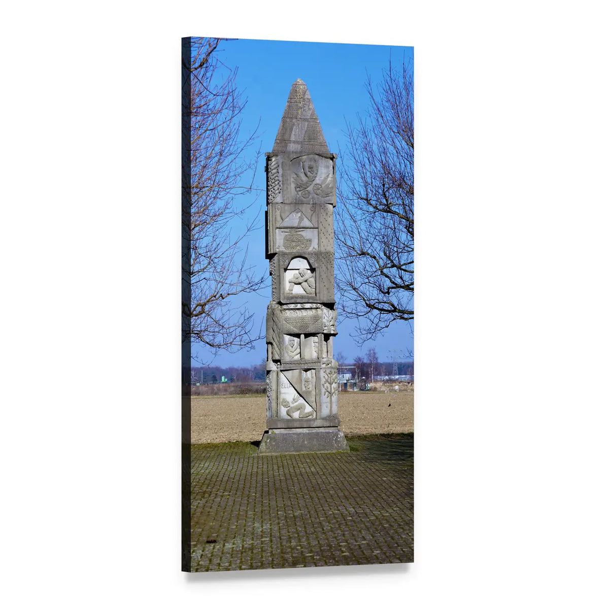 Carved Stone Monument in Rural Landscape Vertical Canvas Wall Art, 1 panel 1 Vertical layout gallery wrapped canvas set, angled product view