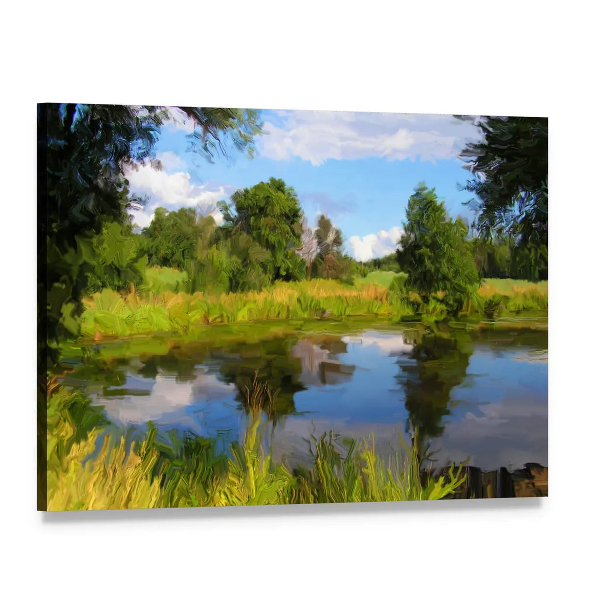 Hand Drawn Summer Lake Canvas Wall Art, single panel gallery wrapped canvas, angled product view