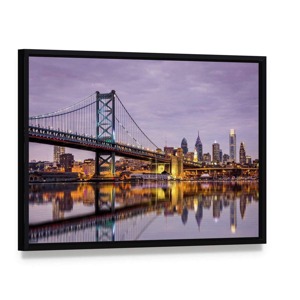 Ben Franklin Bridge Night Reflection Canvas Wall Art, framed canvas in a black floater frame, angled product view