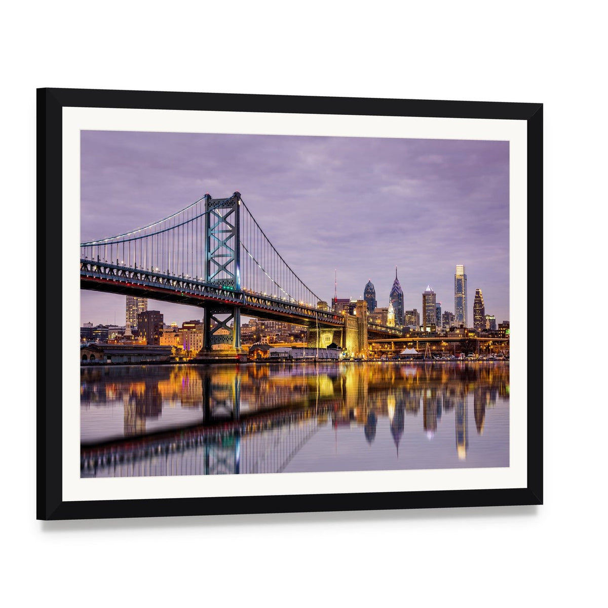 Ben Franklin Bridge Night Reflection Canvas Wall Art, framed print with white mat and black frame, angled product view