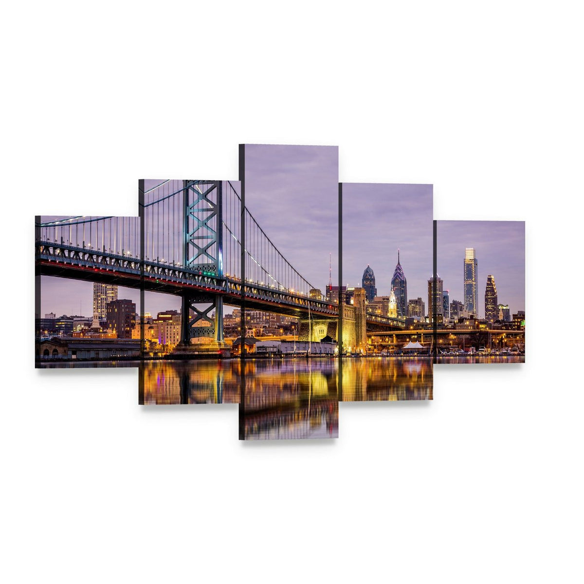 Ben Franklin Bridge Night Reflection Canvas Wall Art, 5 panel 5 Star layout gallery wrapped canvas set, angled product view