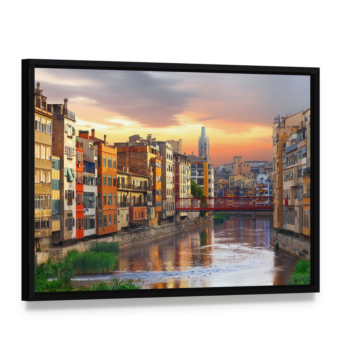 Girona Jewish Quarter River at Sunset Canvas Wall Art, framed canvas in a black floater frame, angled product view