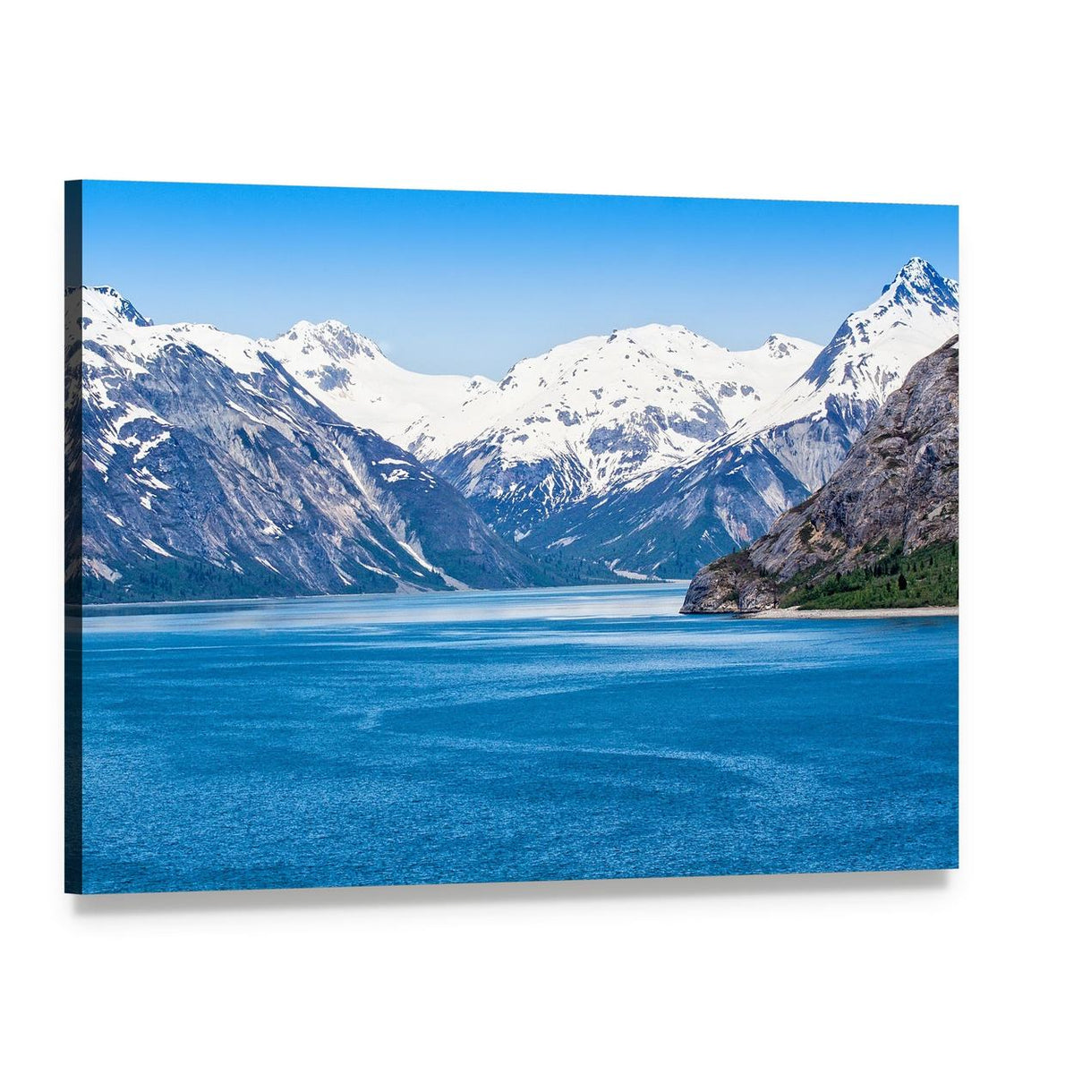 Snow-capped Mountains Over Calm Blue Water Canvas Wall Art, single panel gallery wrapped canvas, angled product view