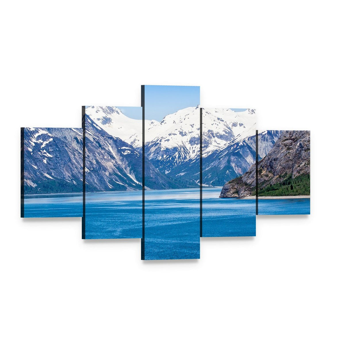 Snow-capped Mountains Over Calm Blue Water Canvas Wall Art, 5 panel 5 Star layout gallery wrapped canvas set, angled product view
