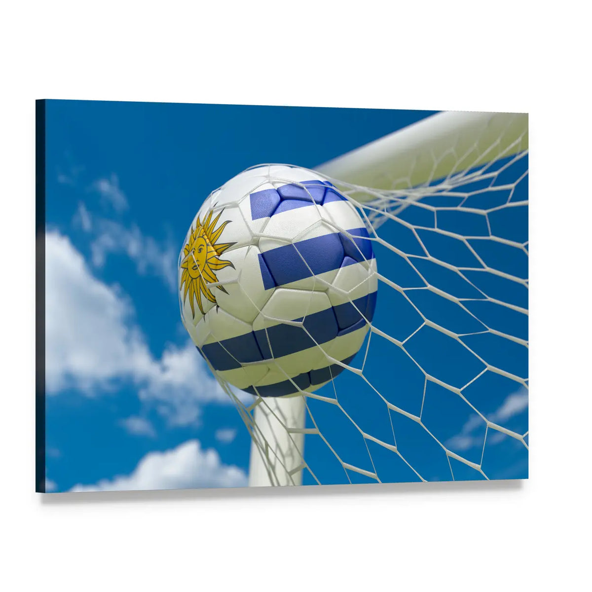 Uruguay Flag and Soccer Ball in Goal Canvas Wall Art, single panel gallery wrapped canvas, angled product view