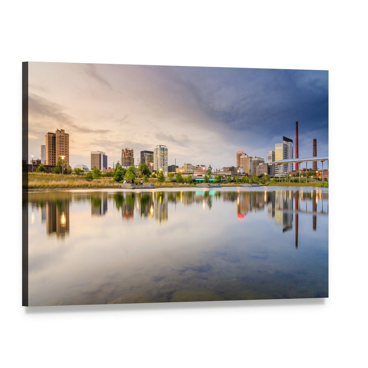 City Skyline at Sunset with Water Reflection Canvas Wall Art, single panel gallery wrapped canvas, angled product view